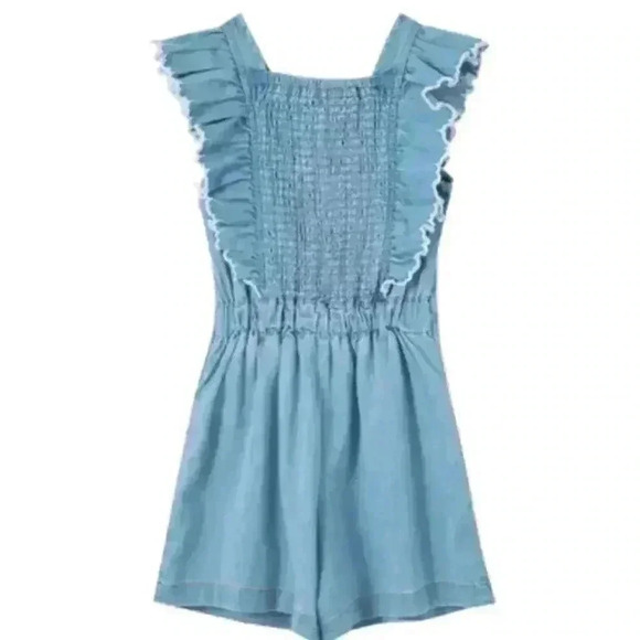 Habitual girls denim jean shorts romper size 16 pleated smocked stretchy v neck - Picture 2 of 13